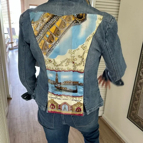 Vintage Denim Jacket, Italian Silk Print insert. Casual,soft,chic,unique jacket.